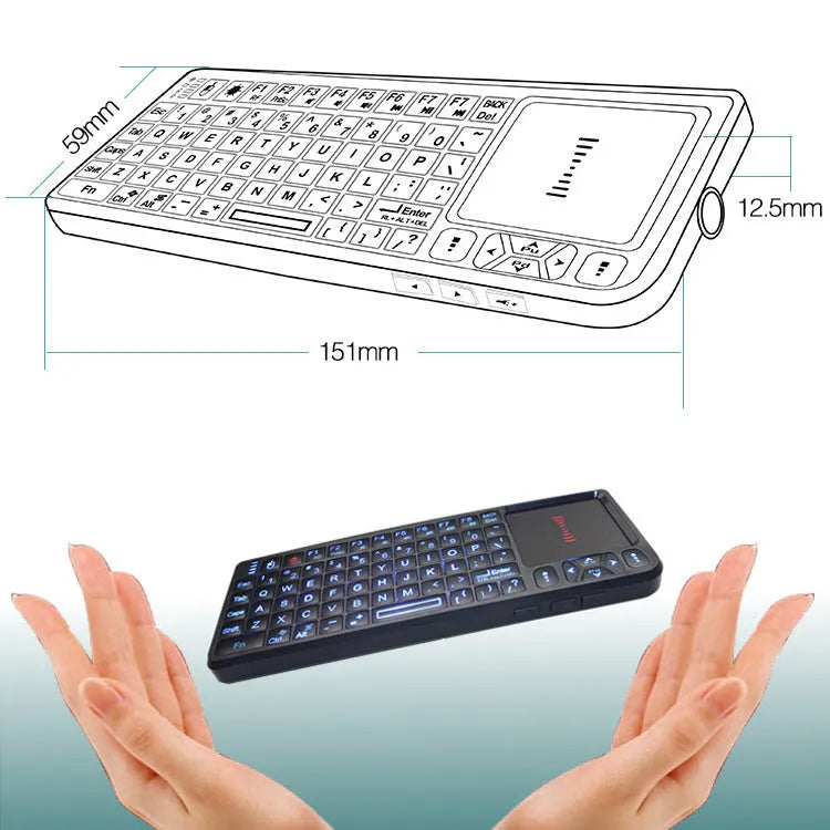 Mini black Bluetooth laser touch keyboard, 69 keys, backlit, 155x59x13mm, 116g, ABS, palm-sized