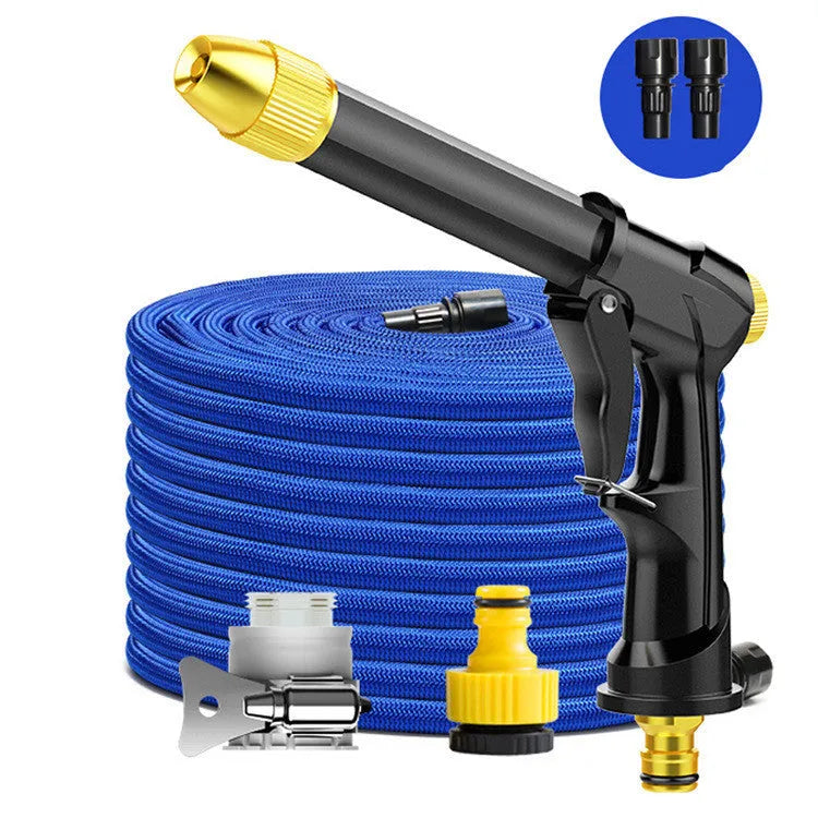 Telescopic aluminium alloy garden hose with water gun showing expanded length for outdoor watering
