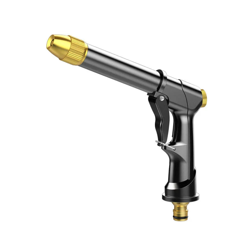 Telescopic aluminium alloy garden hose with water gun showing expanded length for outdoor watering