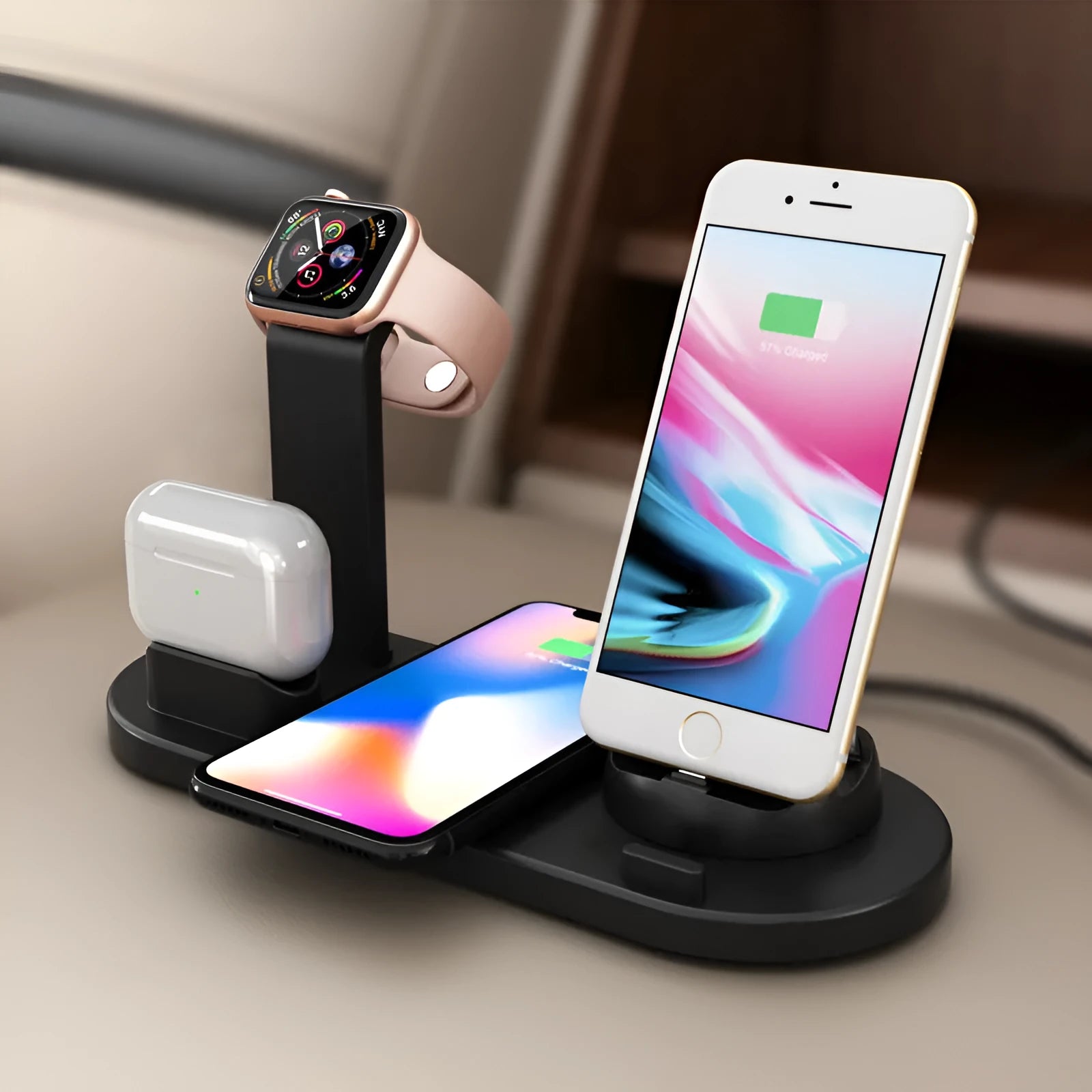 Three-in-one wireless charging bracket for iPhone, watch and headset in black or white colour