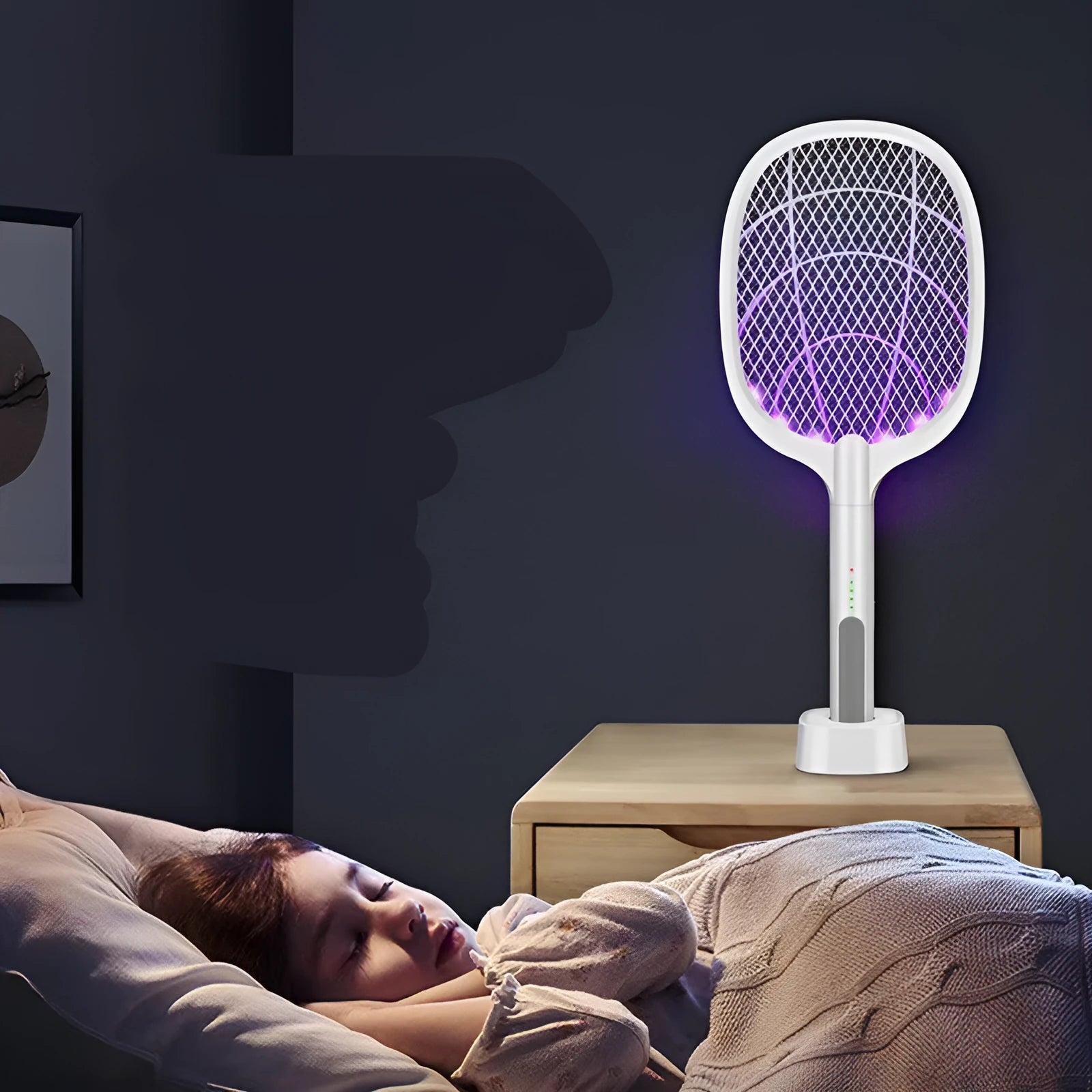 A handheld USB-rechargeable electric mosquito swatter with a black mesh paddle and a grip handle.