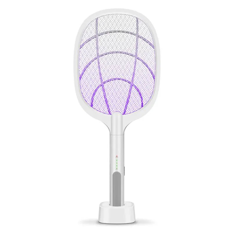 A handheld USB-rechargeable electric mosquito swatter with a black mesh paddle and a grip handle.