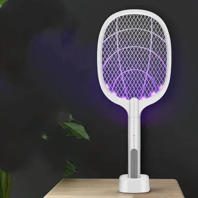 A handheld USB-rechargeable electric mosquito swatter with a black mesh paddle and a grip handle.