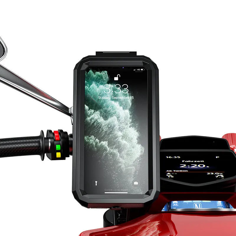 Rainproof cycling phone holder with fast charging cable mounted on handlebar, size 206 x 106 x 70 mm
