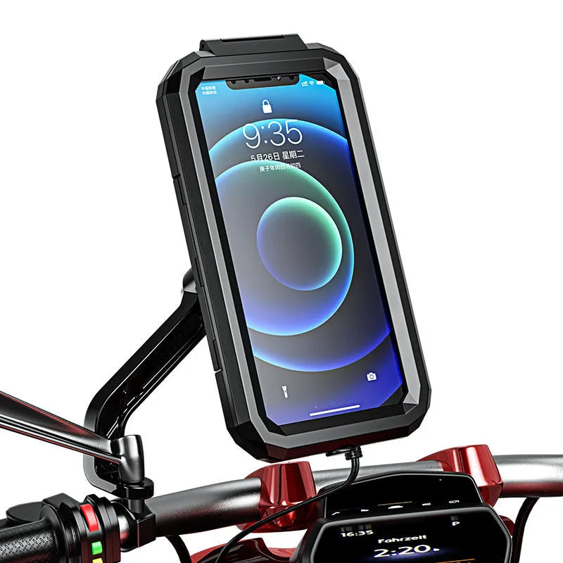 Rainproof cycling phone holder with fast charging cable mounted on handlebar, size 206 x 106 x 70 mm