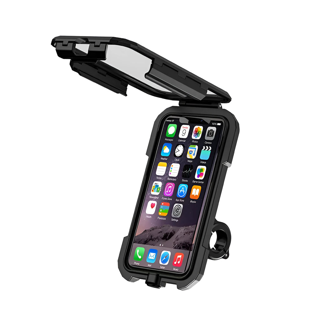 Rainproof cycling phone holder with fast charging cable mounted on handlebar, size 206 x 106 x 70 mm