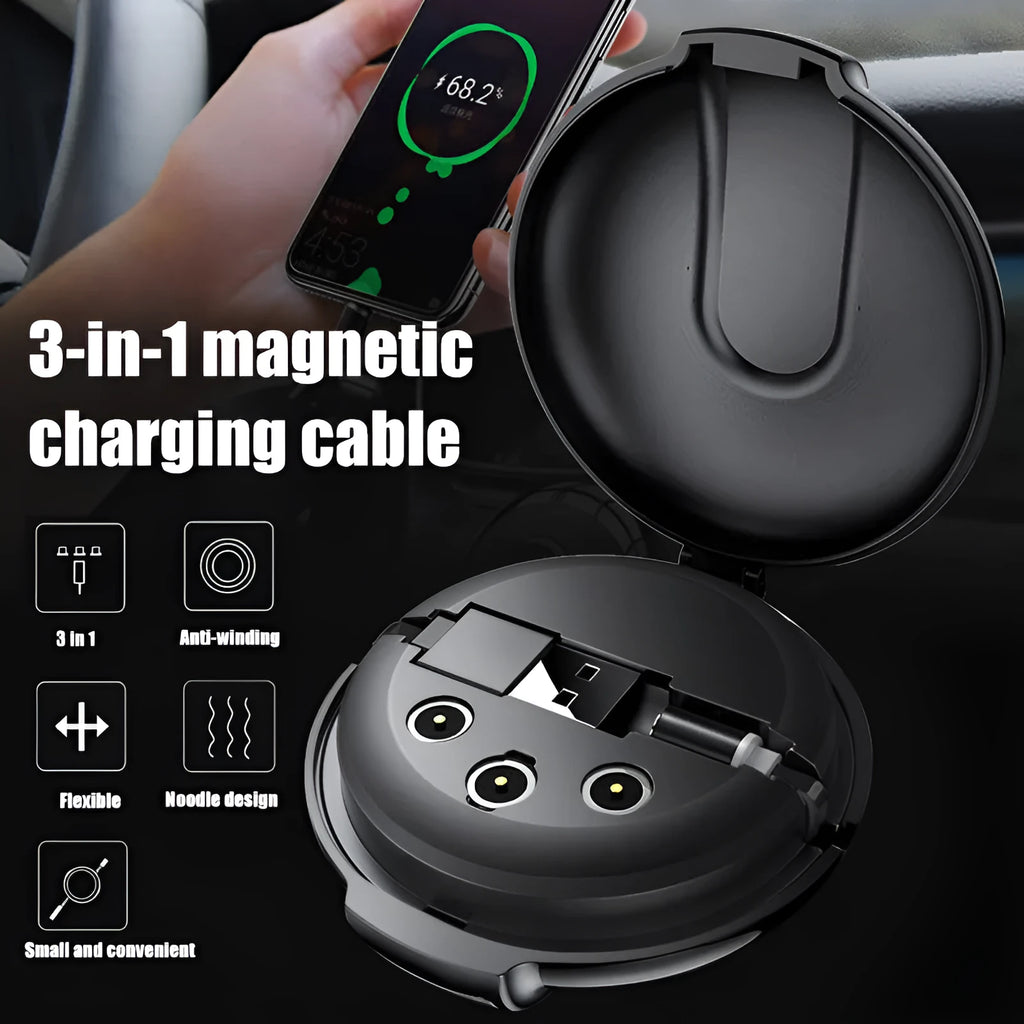 Black magnetic 3-in-1 car phone holder and portable charger with retractable cable on a car dashboard.