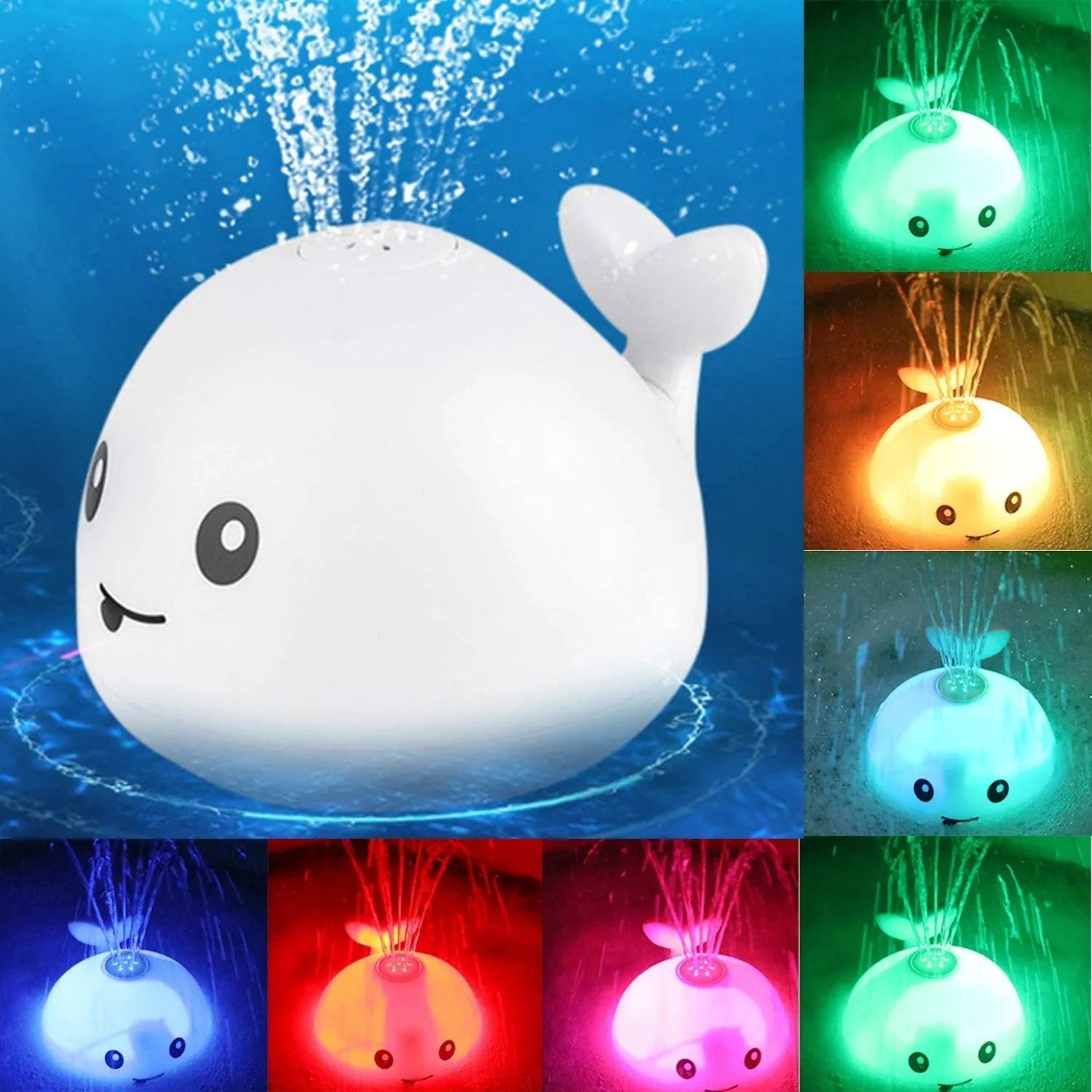 Automatic electric whale bath toy spraying water with LED lights on, floating in a baby bath.