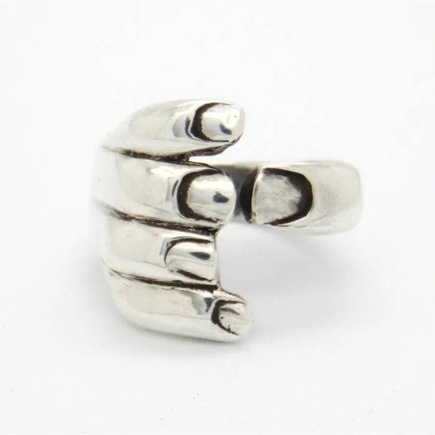 Gothic carved hand ring in retro silver with adjustable opening, unisex couple style