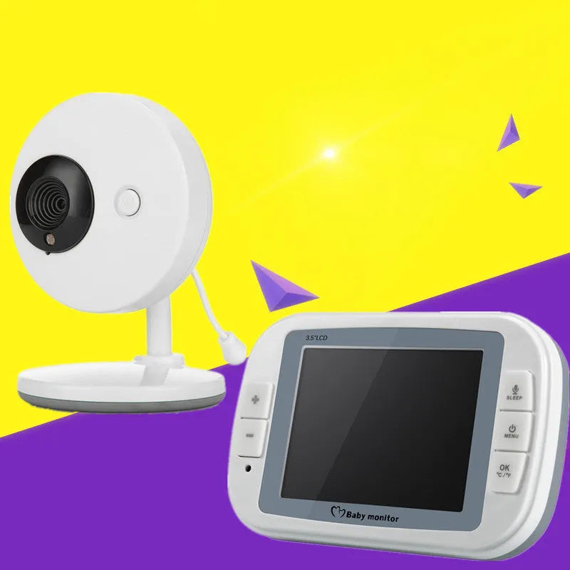 White UFO-shaped wireless baby monitor camera with a 3.5-inch digital display monitor