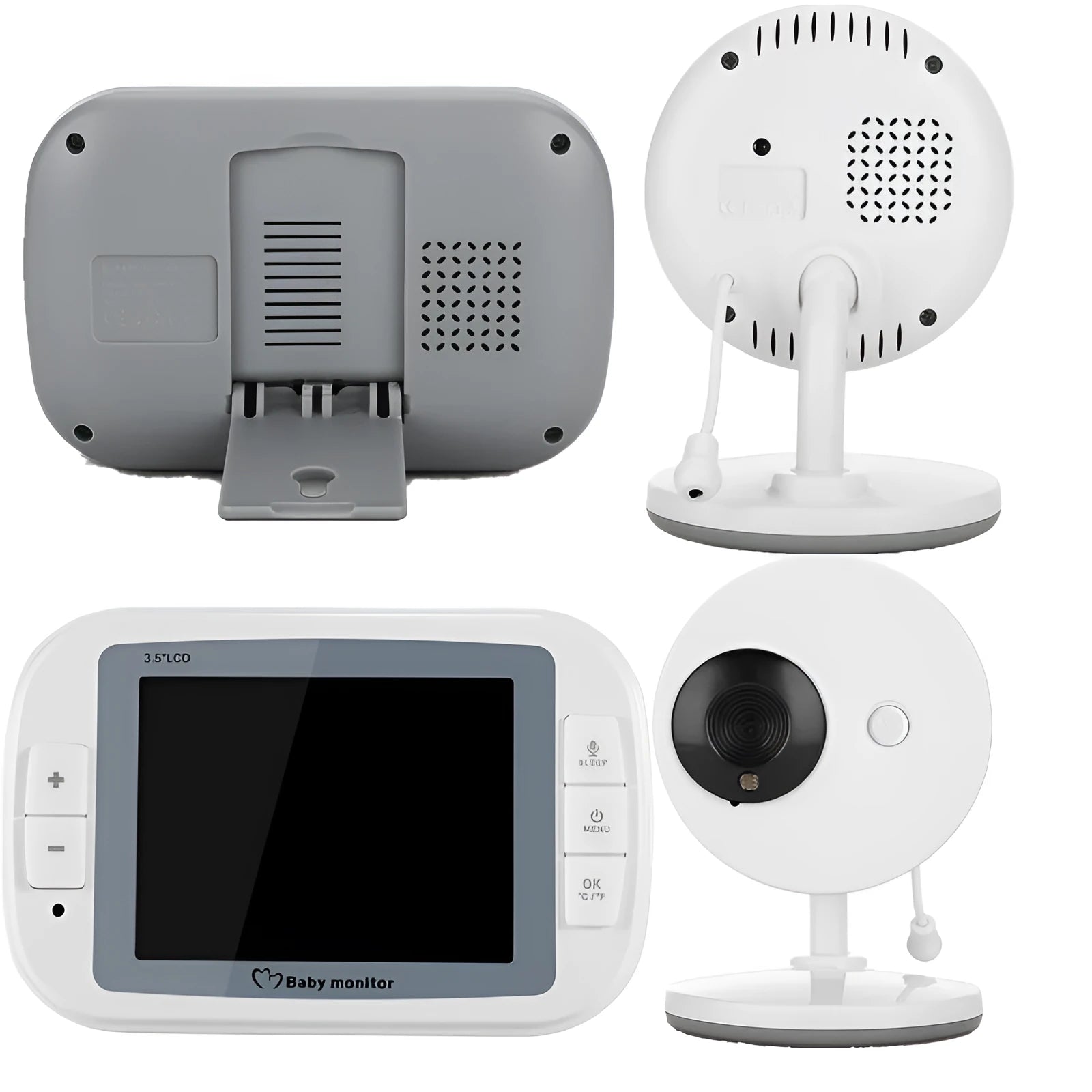 White UFO-shaped wireless baby monitor camera with a 3.5-inch digital display monitor