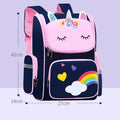 Primary school backpack in polyester fabric with printing, shown in blue colour with size dimensions displayed