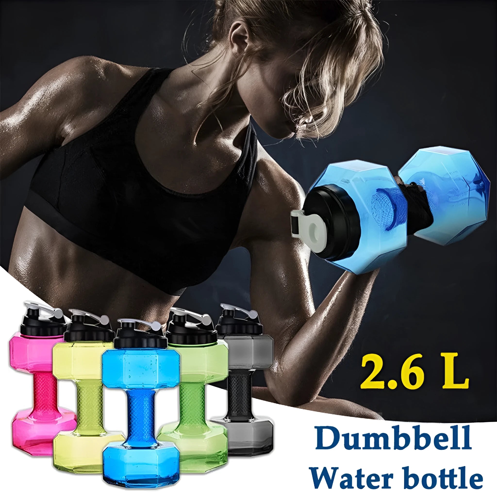 Fitness dumbbell cup creative sports water bottle in black with push cap and handle