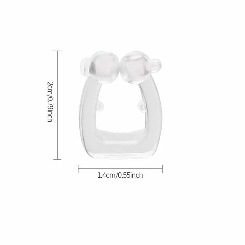 Mini magnetic silicone anti-snoring nose clip in white on a transparent plastic box