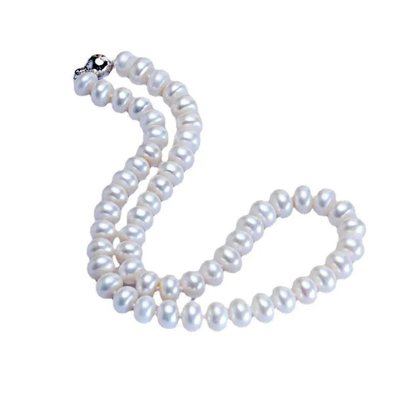 Dailan white freshwater pearl necklace with 10-11mm steamed bread round pearls and simple geometric design