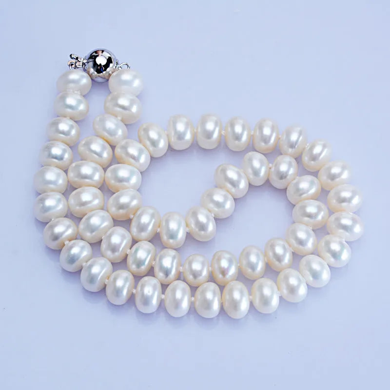 Dailan white freshwater pearl necklace with 10-11mm steamed bread round pearls and simple geometric design