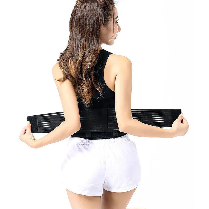 Black self-heating magnetic waist protection belt with adjustable strap on a grey background.