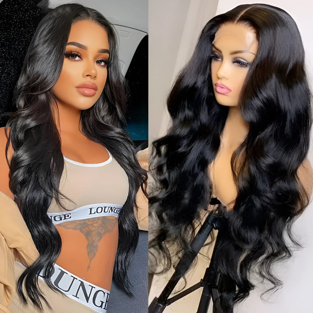 Black human hair body wave lace front wig with long bangs on a mannequin