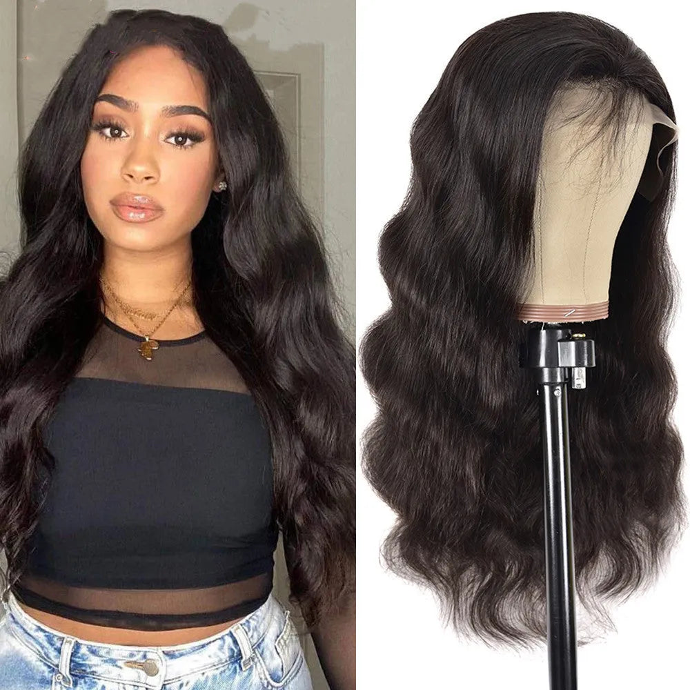 Black human hair body wave lace front wig with long bangs on a mannequin