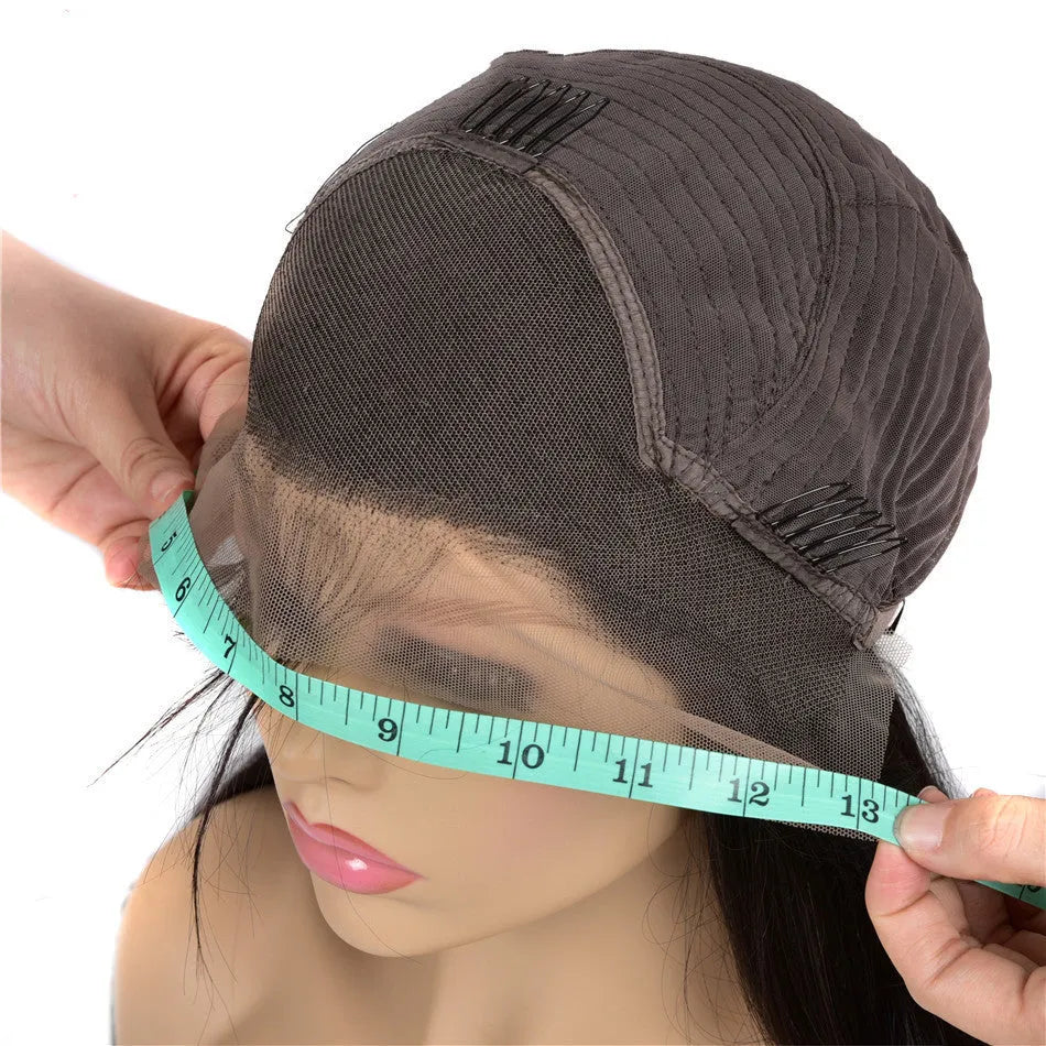 Black human hair body wave lace front wig with long bangs on a mannequin