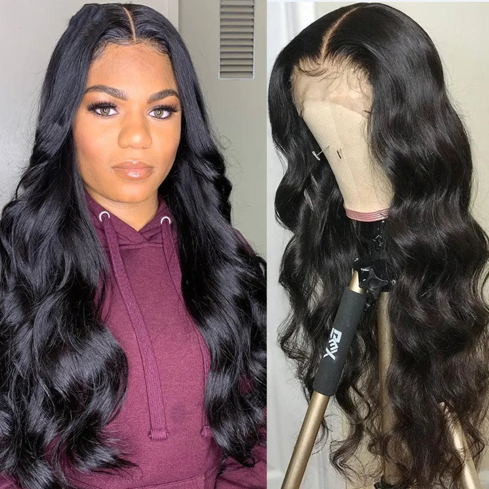 Black human hair body wave lace front wig with long bangs on a mannequin