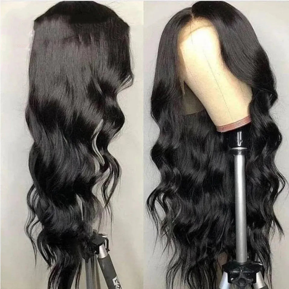 Black human hair body wave lace front wig with long bangs on a mannequin