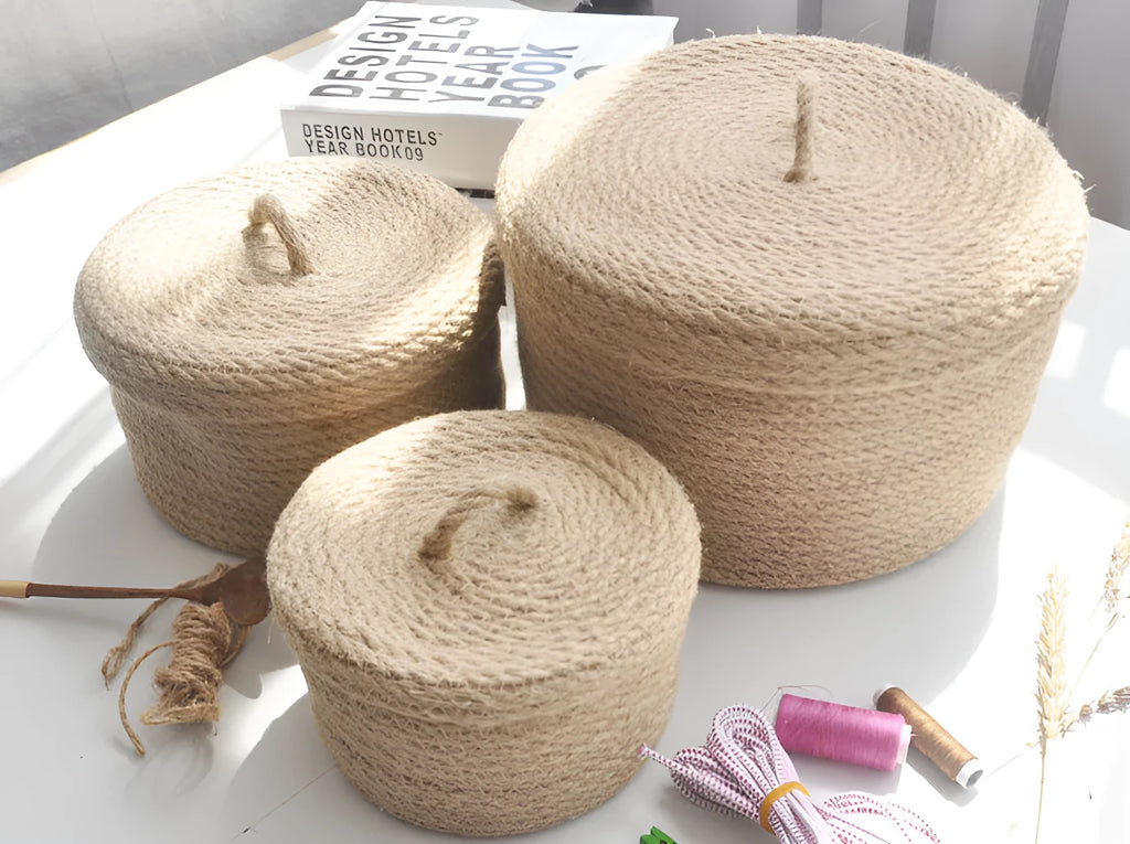 Japanese style linen storage basket with cover in three size options for bedroom organisation