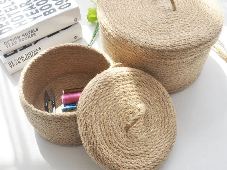 Japanese style linen storage basket with cover in three size options for bedroom organisation