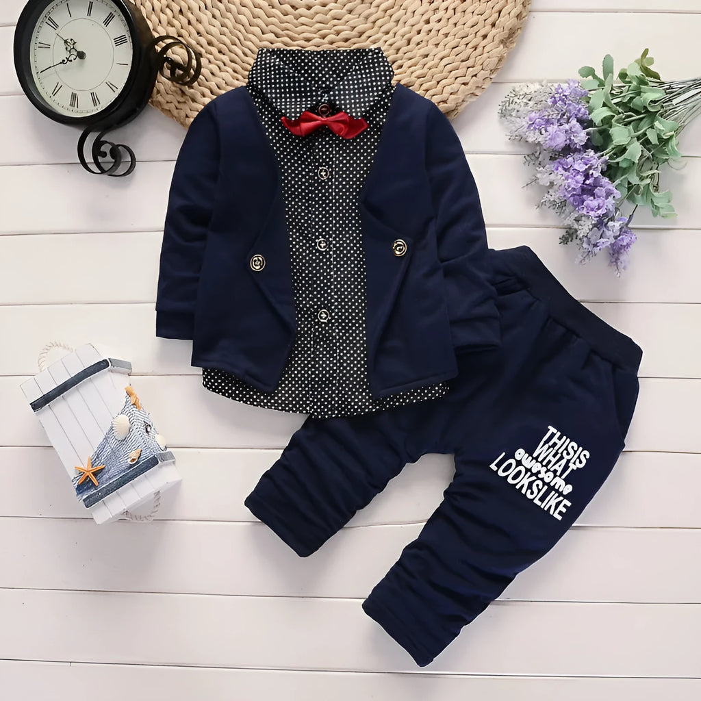 Toddler boys printed casual suit set with jacket and trousers in grey, navy blue, or red.