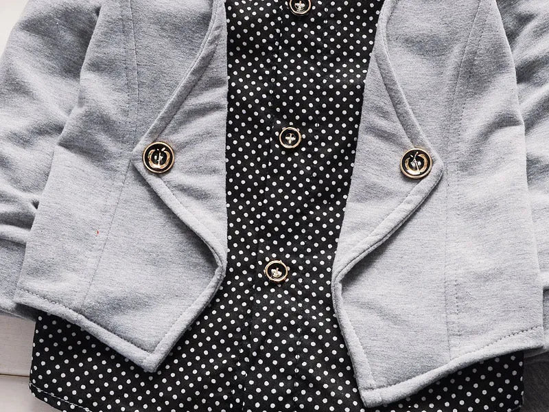 Toddler boys printed casual suit set with jacket and trousers in grey, navy blue, or red.