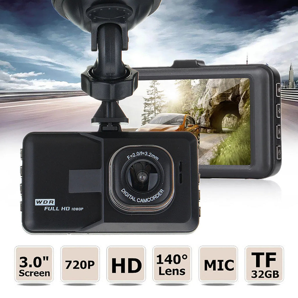 Black hidden driving recorder with 3.0 inch screen mounted on car windshield showing 170 degree wide angle HD 1080P recording