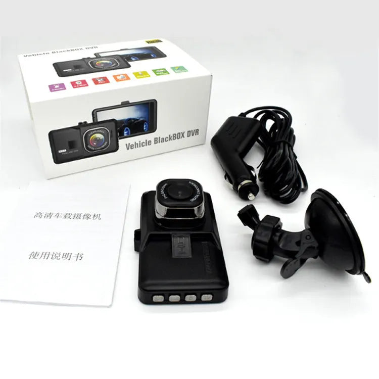 Black hidden driving recorder with 3.0 inch screen mounted on car windshield showing 170 degree wide angle HD 1080P recording