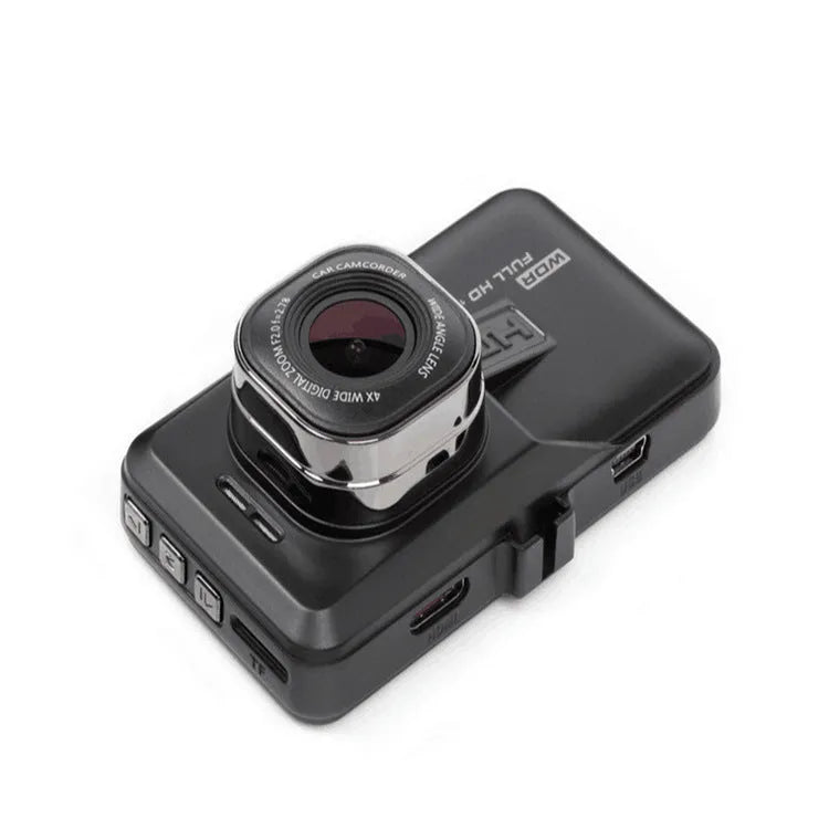 Black hidden driving recorder with 3.0 inch screen mounted on car windshield showing 170 degree wide angle HD 1080P recording