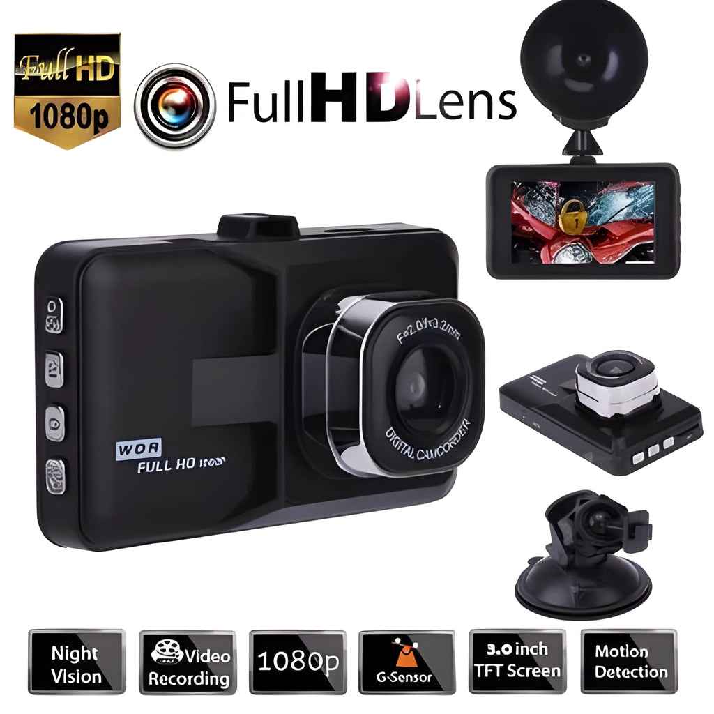 Black hidden driving recorder with 3.0 inch screen mounted on car windshield showing 170 degree wide angle HD 1080P recording