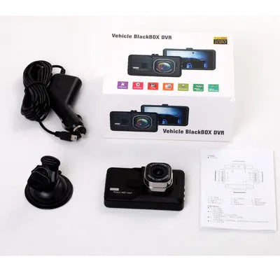 Black hidden driving recorder with 3.0 inch screen mounted on car windshield showing 170 degree wide angle HD 1080P recording