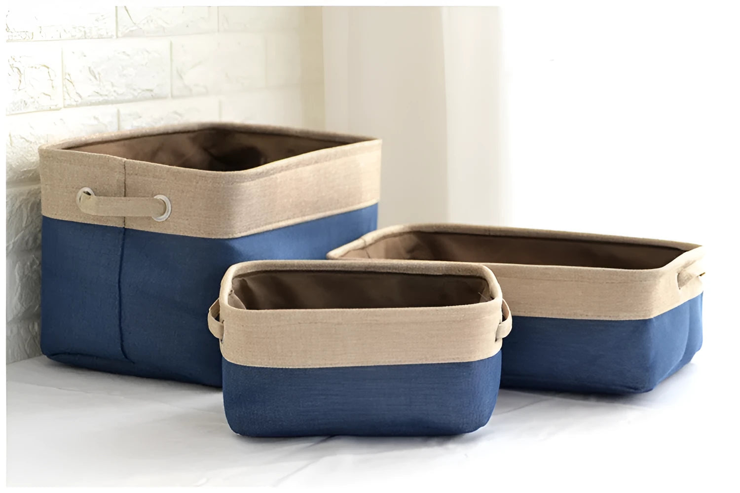 Nordic fabric folding storage box in blue colour showing collapsible design and open top