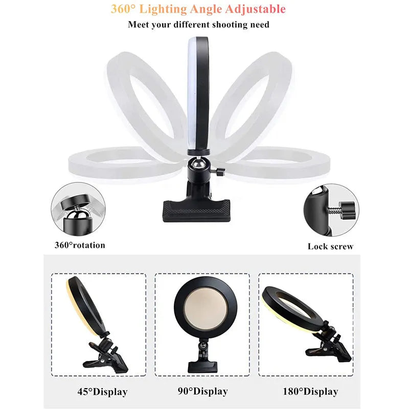 6 inch golden portable photography lamp with pan tilt clip mount on desk for video conference fill light