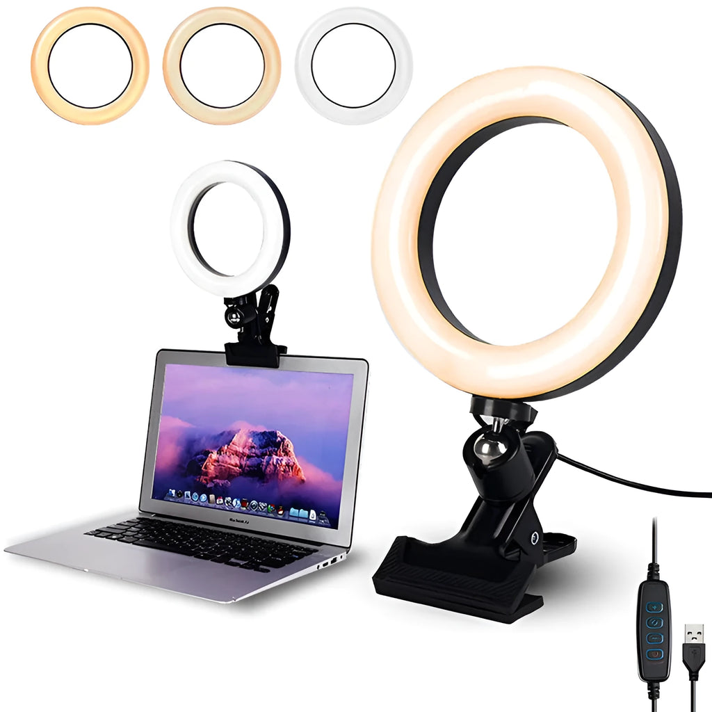 6 inch golden portable photography lamp with pan tilt clip mount on desk for video conference fill light