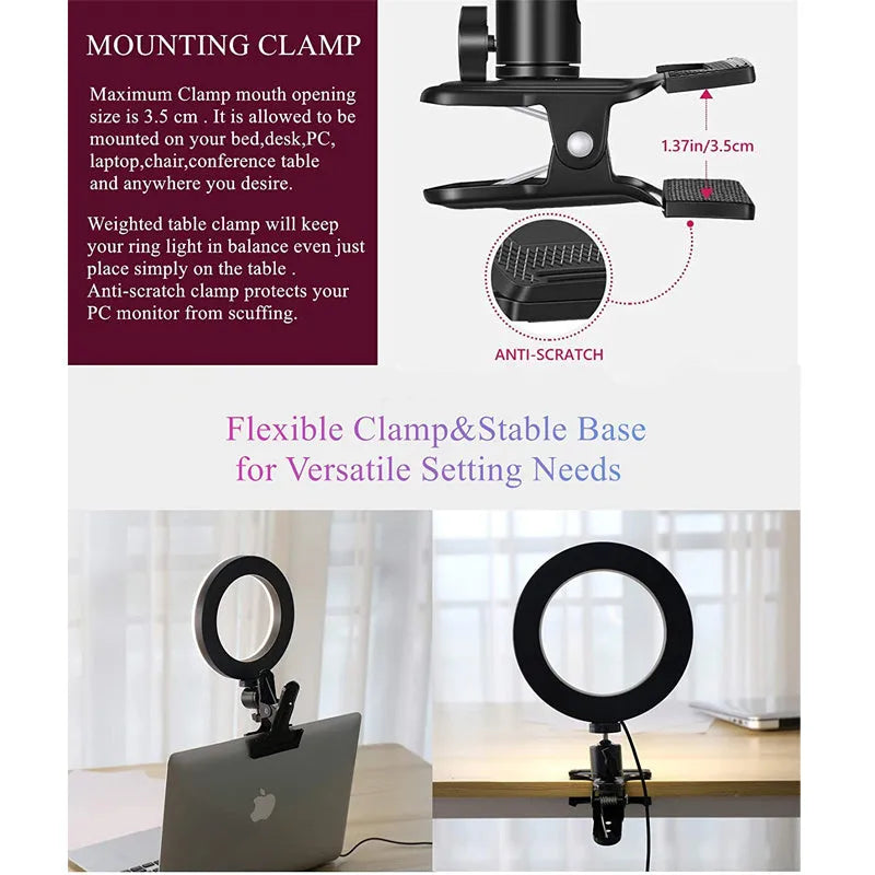 6 inch golden portable photography lamp with pan tilt clip mount on desk for video conference fill light