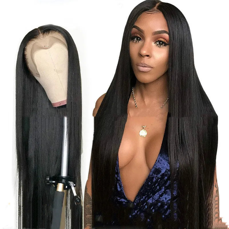 Long straight black wig 26 inch high temperature wire middle part bangs machine made female