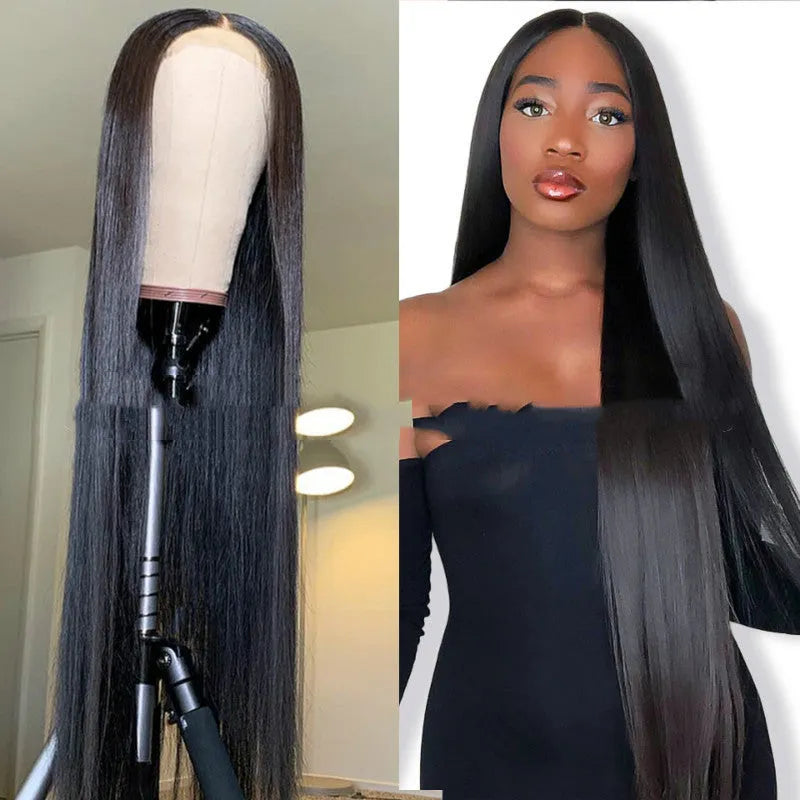 Long straight black wig 26 inch high temperature wire middle part bangs machine made female
