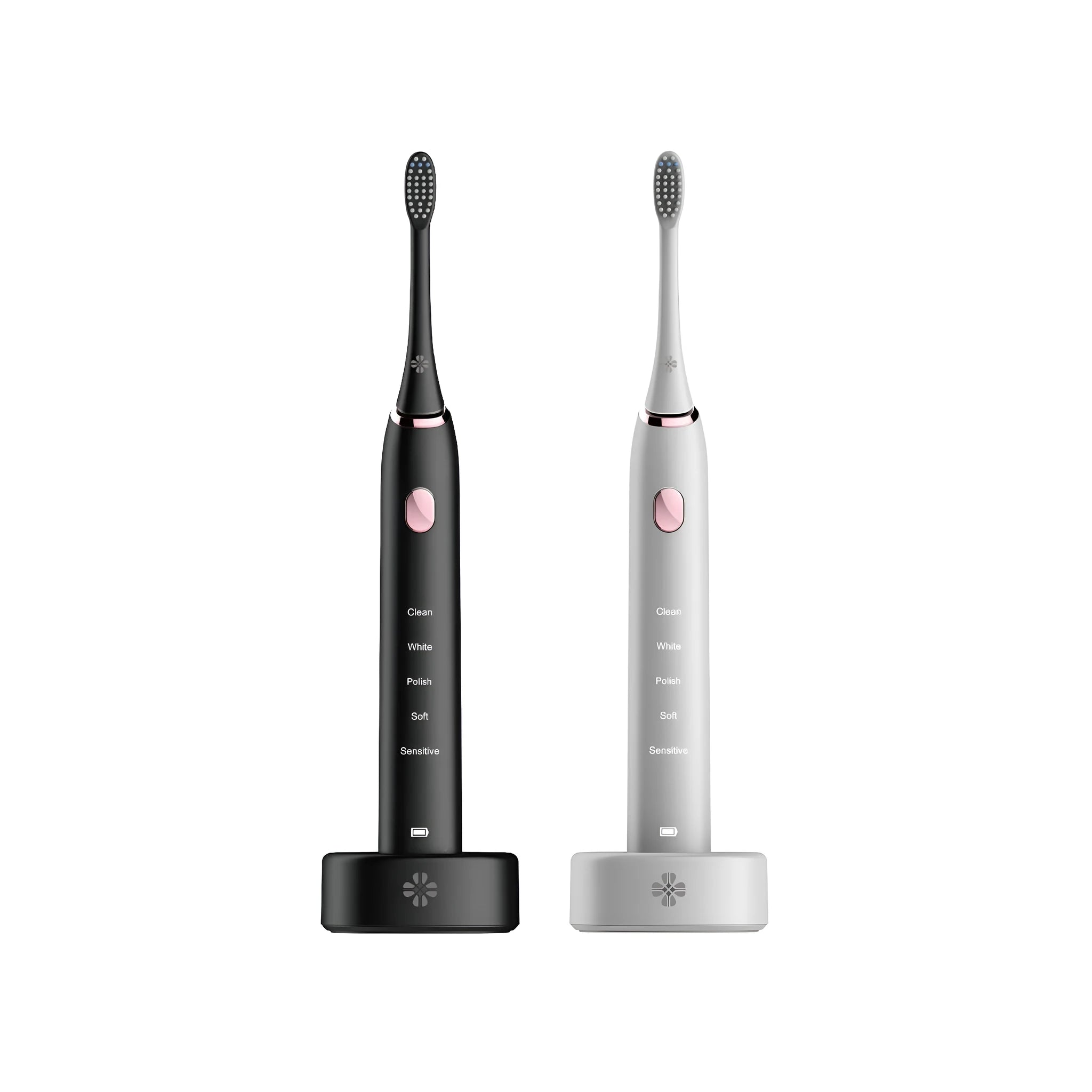 White waterproof electric toothbrush with inductive charging base and five nursing mode buttons