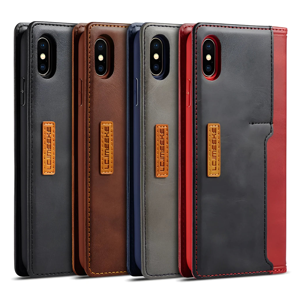 Retro brown leather wallet flip case for iPhone shown open with cards stored inside.