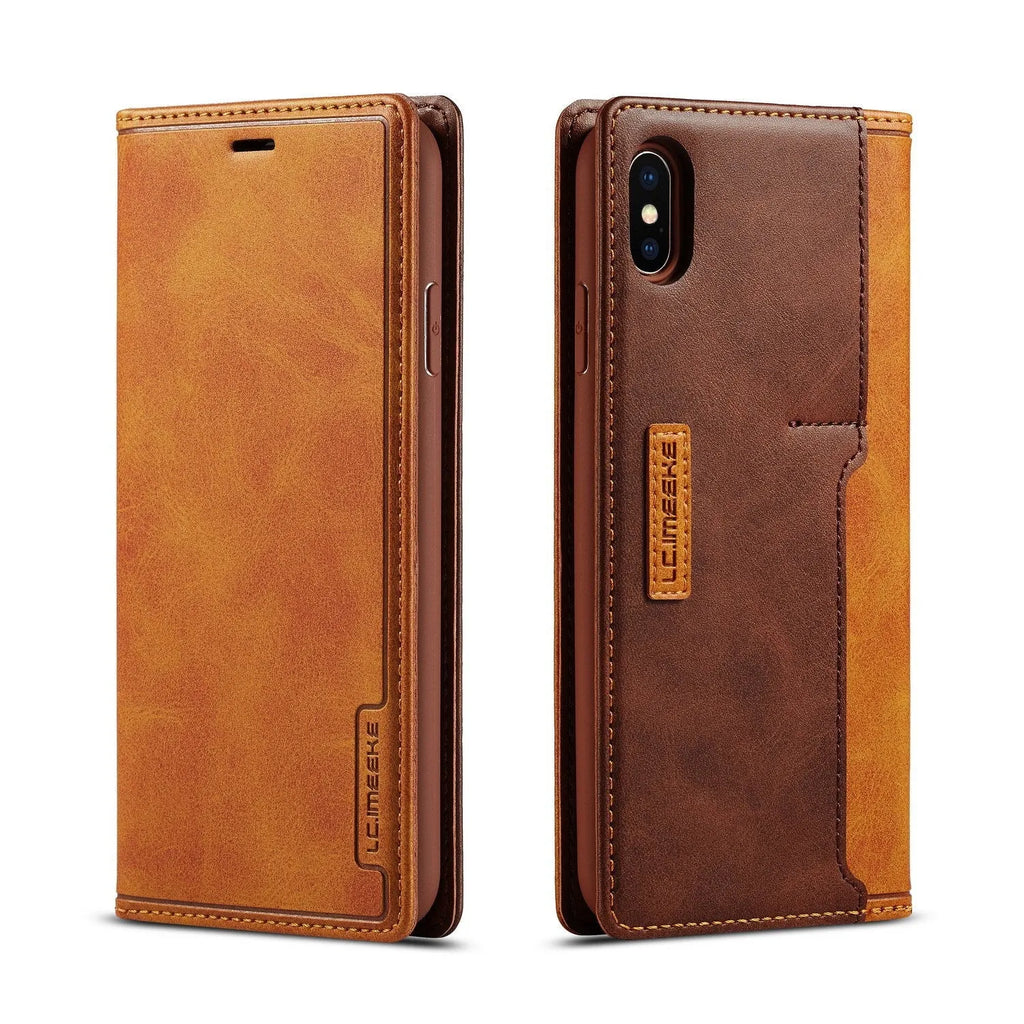 Retro brown leather wallet flip case for iPhone shown open with cards stored inside.