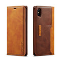 Retro brown leather wallet flip case for iPhone shown open with cards stored inside.