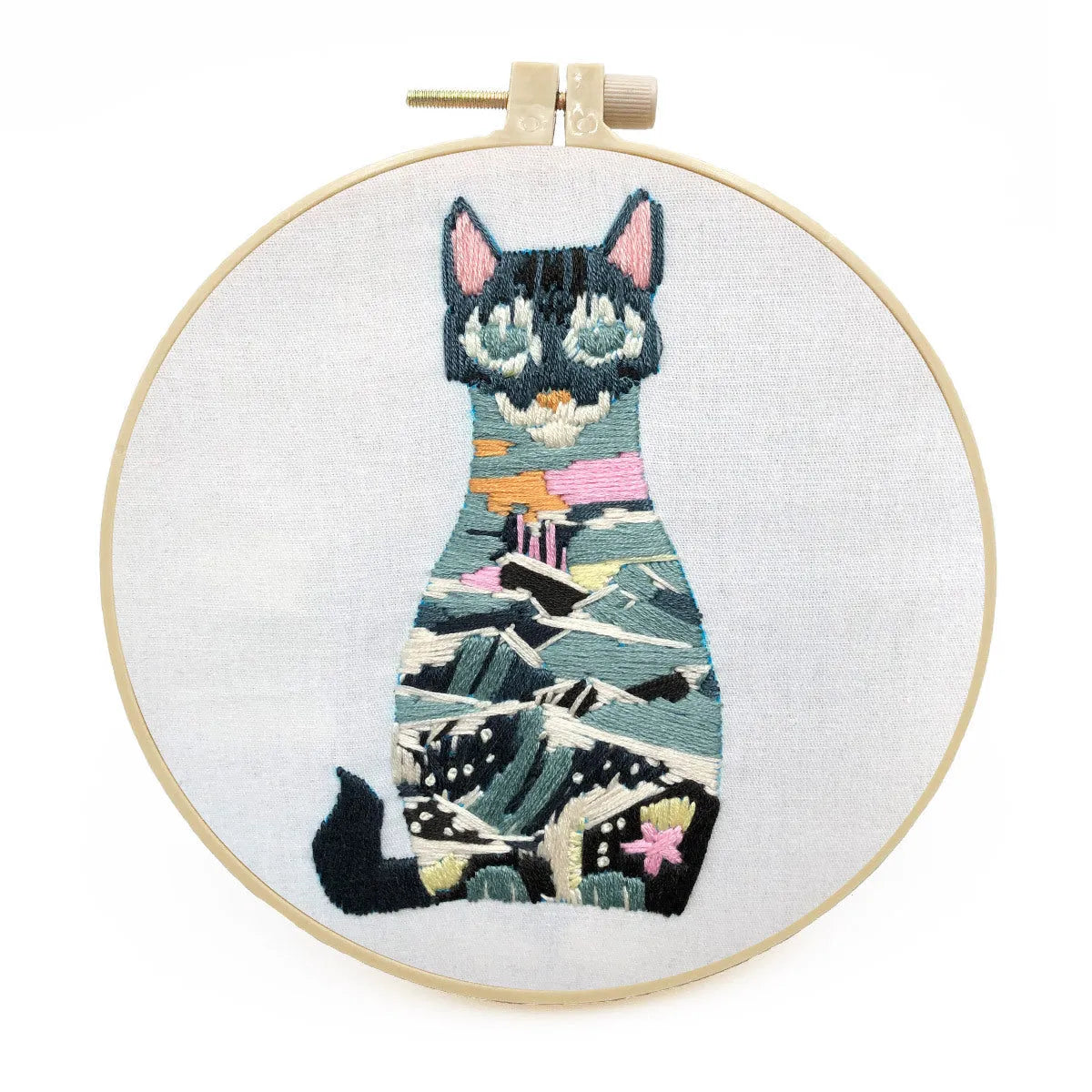 Cat themed DIY cross stitch kit for beginners with embroidery hoop and materials for 3D design.
