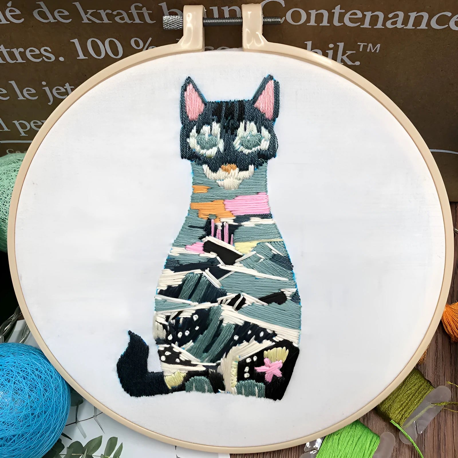 Cat themed DIY cross stitch kit for beginners with embroidery hoop and materials for 3D design.
