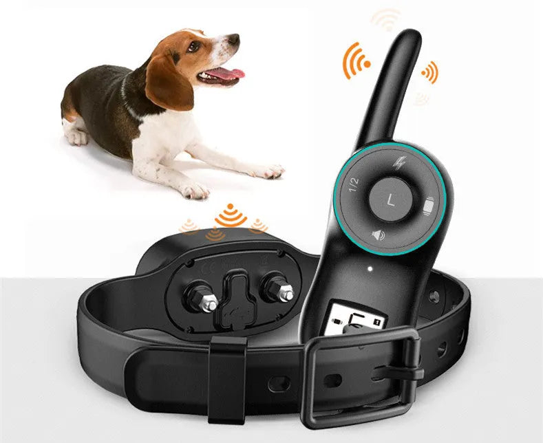 Waterproof rechargeable dog training collar with remote control in black or orange colour