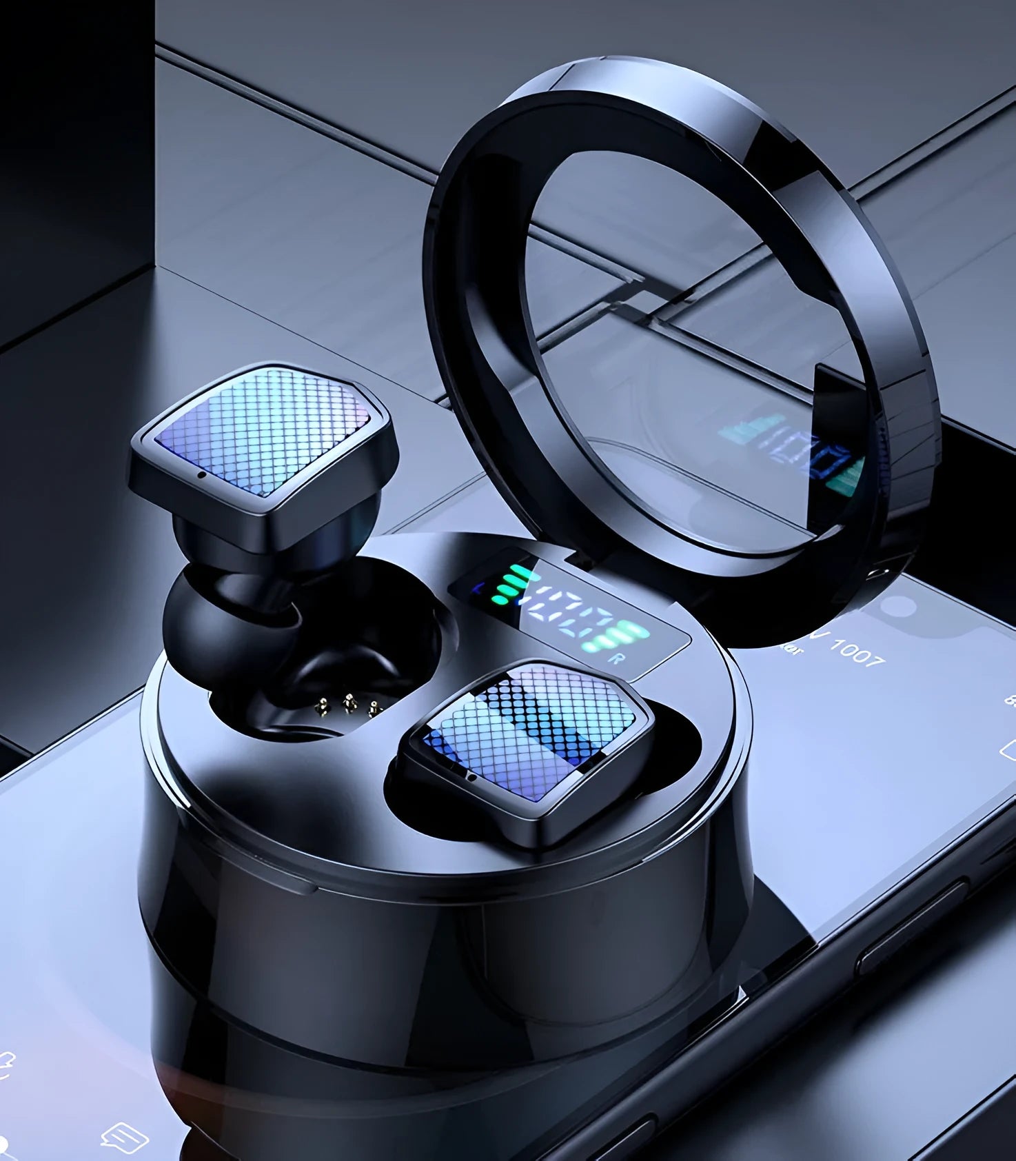 Black Bluetooth 5.0 TWS earbuds with charging case, showing silicone ear tips and compact design