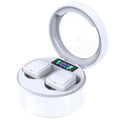 Black Bluetooth 5.0 TWS earbuds with charging case, showing silicone ear tips and compact design